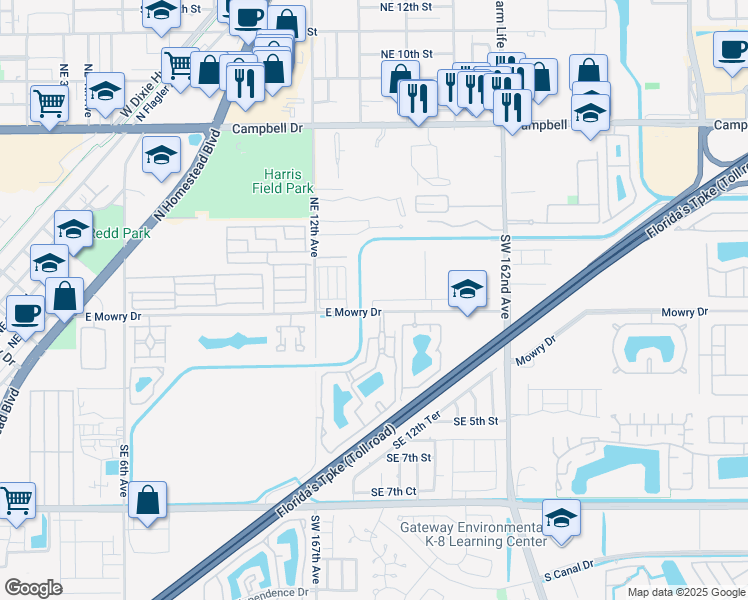 map of restaurants, bars, coffee shops, grocery stores, and more near 1526 East Mowry Drive in Homestead