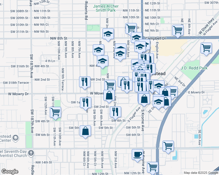 map of restaurants, bars, coffee shops, grocery stores, and more near 39 Northwest 3rd Avenue in Homestead