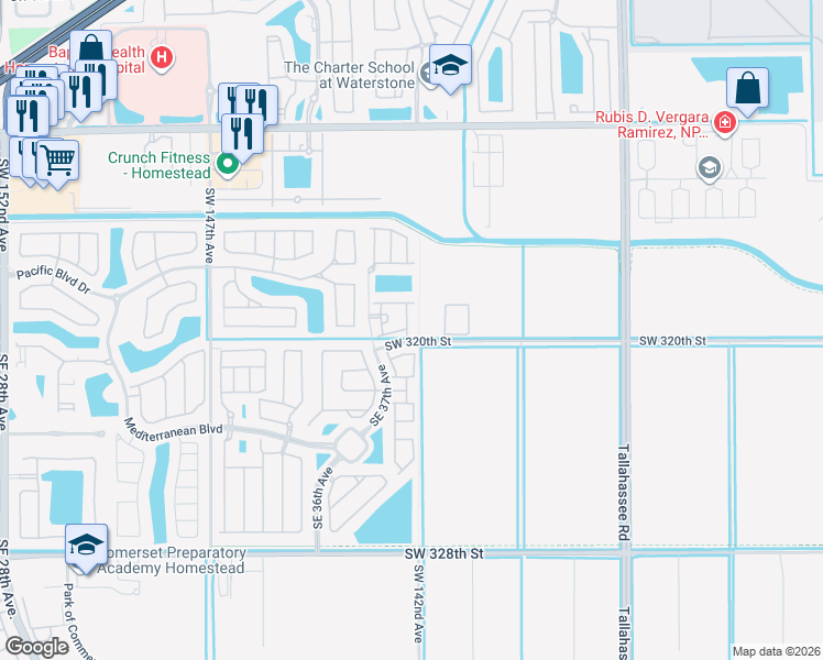 map of restaurants, bars, coffee shops, grocery stores, and more near 3753 Southeast 1st Street in Homestead
