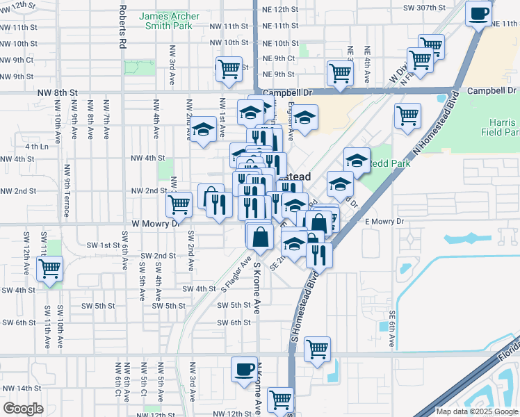 map of restaurants, bars, coffee shops, grocery stores, and more near 43 North Krome Avenue in Homestead
