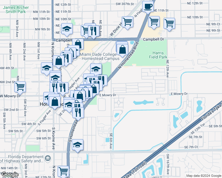 map of restaurants, bars, coffee shops, grocery stores, and more near 621 East Mowry Court in Homestead