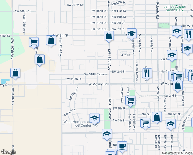 map of restaurants, bars, coffee shops, grocery stores, and more near 18803 Southwest 319th Street in Homestead