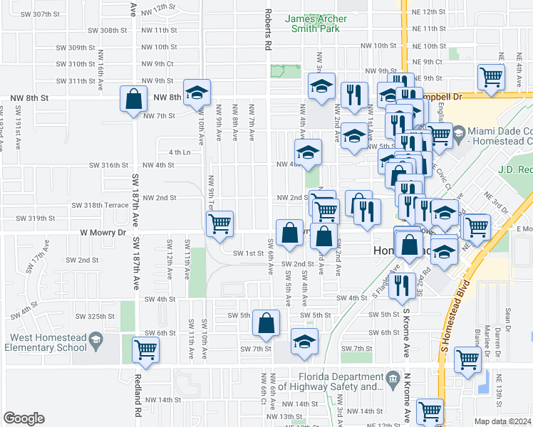 map of restaurants, bars, coffee shops, grocery stores, and more near 106 Roberts Road in Homestead