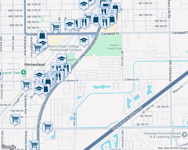 map of restaurants, bars, coffee shops, grocery stores, and more near 100 Northeast 6th Avenue in Homestead