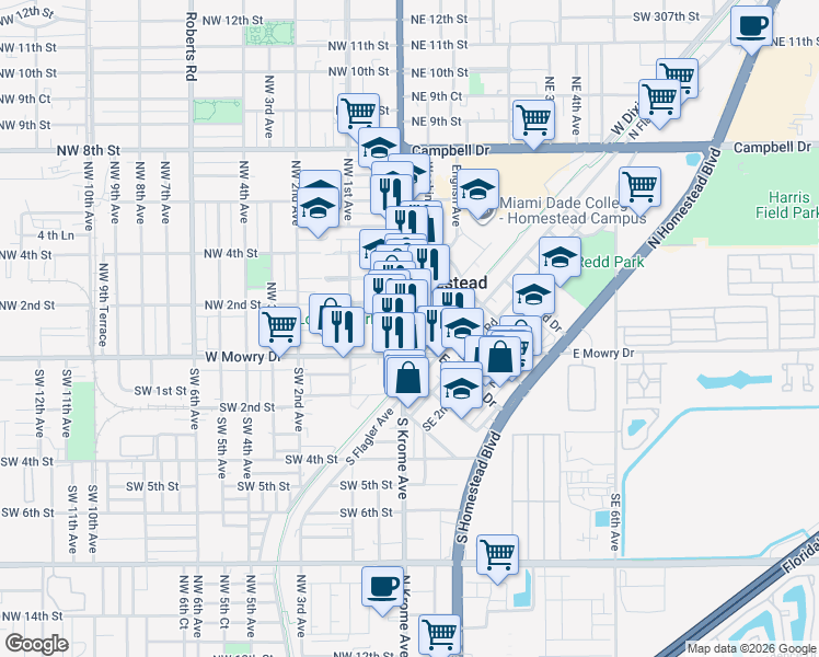 map of restaurants, bars, coffee shops, grocery stores, and more near 140 Washington Avenue in Homestead