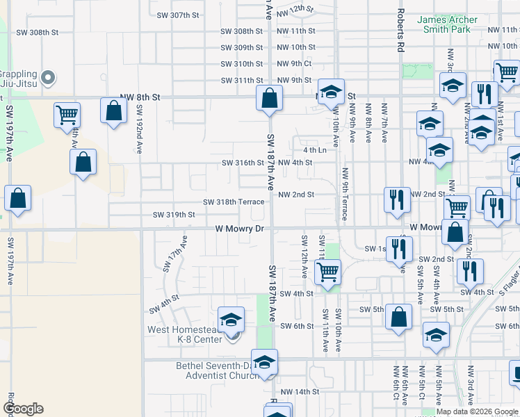 map of restaurants, bars, coffee shops, grocery stores, and more near 18741 Southwest 318th Terrace in Homestead