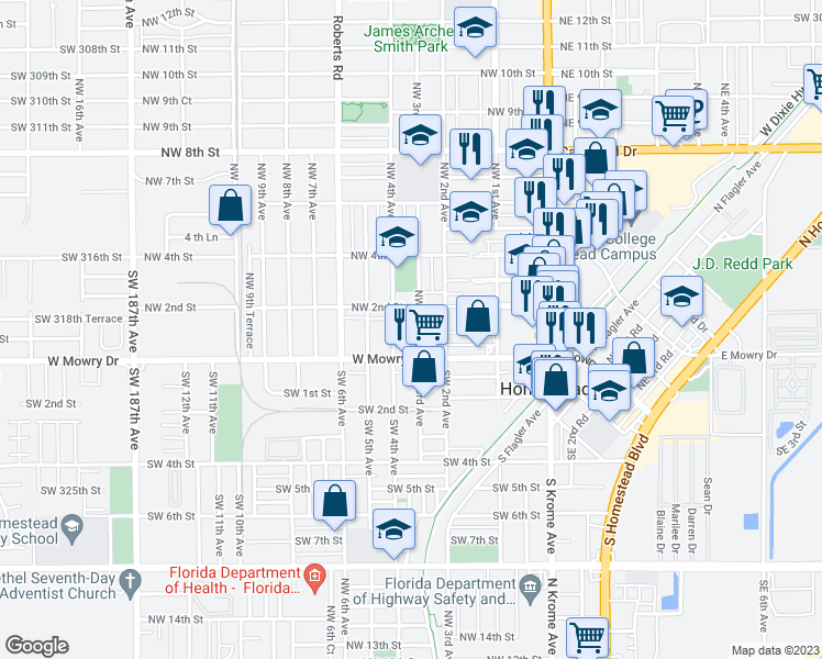 map of restaurants, bars, coffee shops, grocery stores, and more near 106 Northwest 3rd Avenue in Homestead