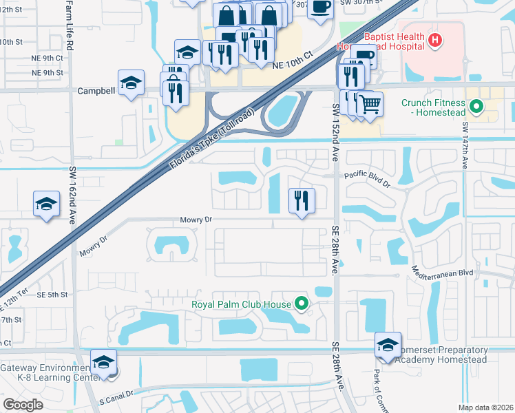 map of restaurants, bars, coffee shops, grocery stores, and more near 164 Northeast 25th Terrace in Homestead