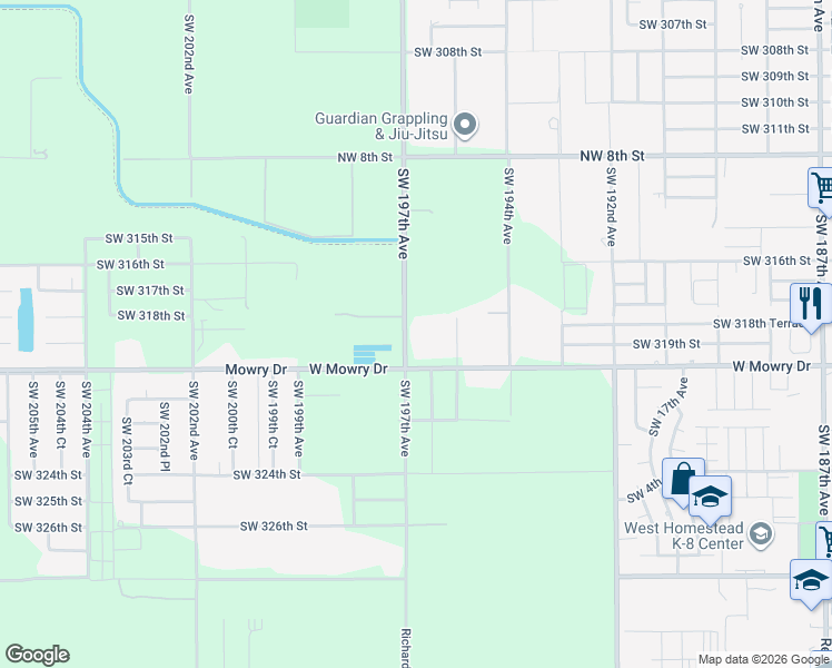 map of restaurants, bars, coffee shops, grocery stores, and more near 31801 Southwest 197th Avenue in Homestead