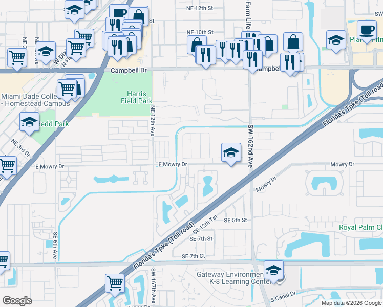 map of restaurants, bars, coffee shops, grocery stores, and more near 1570 Kia Drive in Homestead