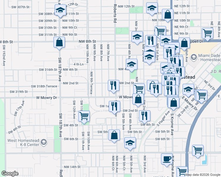 map of restaurants, bars, coffee shops, grocery stores, and more near 138 Northwest 7th Avenue in Homestead