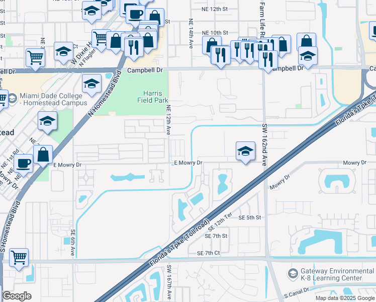 map of restaurants, bars, coffee shops, grocery stores, and more near 277 Northeast 12th Avenue in Homestead