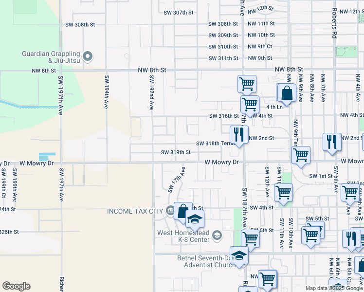 map of restaurants, bars, coffee shops, grocery stores, and more near 18961 Southwest 318th Terrace in Homestead