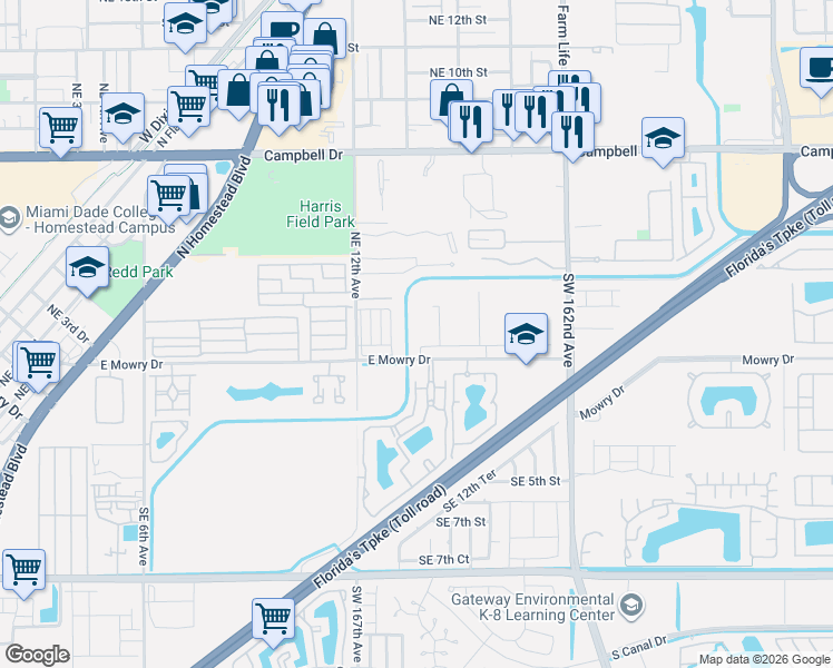 map of restaurants, bars, coffee shops, grocery stores, and more near 277 Northeast 12th Avenue in Homestead