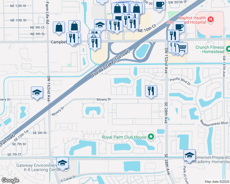 map of restaurants, bars, coffee shops, grocery stores, and more near 164 Northeast 24th Avenue in Homestead