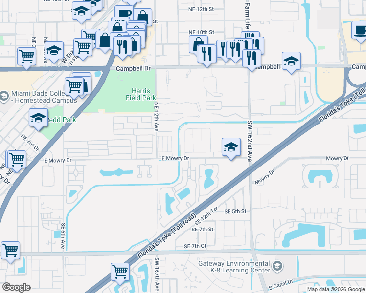 map of restaurants, bars, coffee shops, grocery stores, and more near 277 Northeast 12th Avenue in Homestead