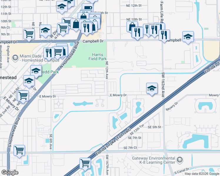map of restaurants, bars, coffee shops, grocery stores, and more near 99 Northeast 12th Avenue in Homestead