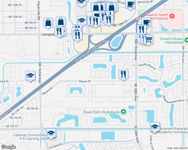 map of restaurants, bars, coffee shops, grocery stores, and more near 164 Northeast 24th Avenue in Homestead