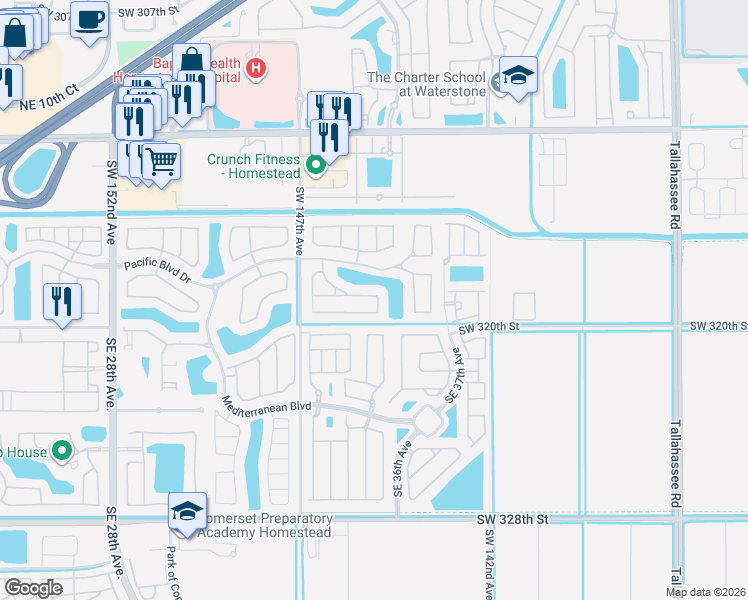 map of restaurants, bars, coffee shops, grocery stores, and more near 3480 Northeast 2nd Street in Homestead