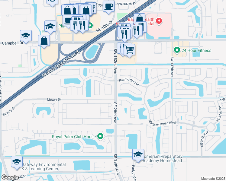 map of restaurants, bars, coffee shops, grocery stores, and more near 125 Northeast 27th Terrace in Homestead