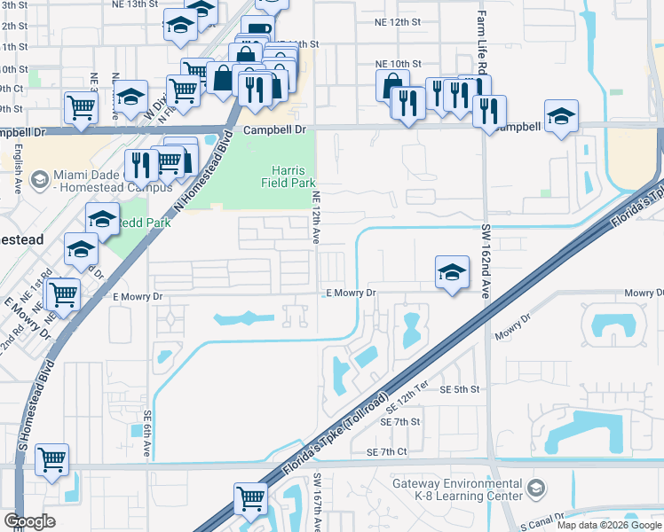 map of restaurants, bars, coffee shops, grocery stores, and more near 99 Northeast 12th Avenue in Homestead