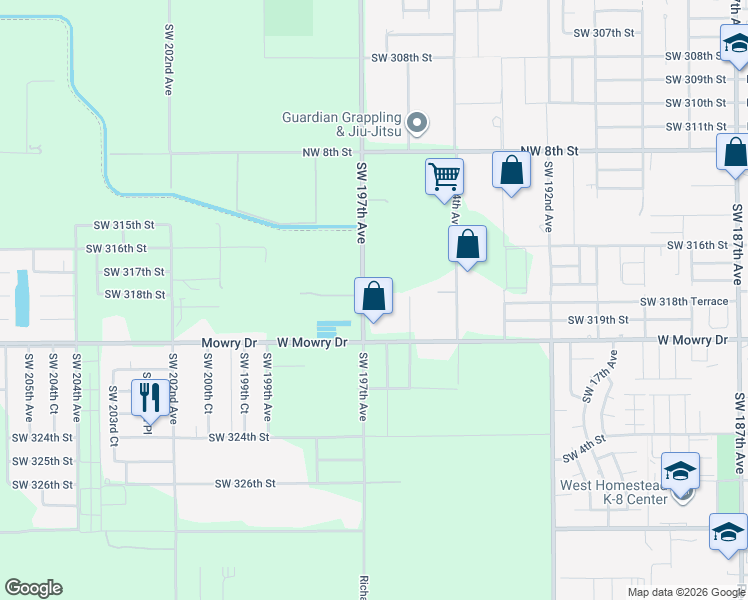 map of restaurants, bars, coffee shops, grocery stores, and more near 31801 Southwest 197th Avenue in Homestead