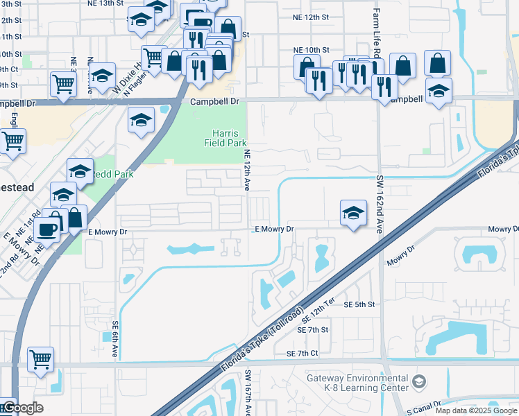 map of restaurants, bars, coffee shops, grocery stores, and more near 99 Northeast 12th Avenue in Homestead