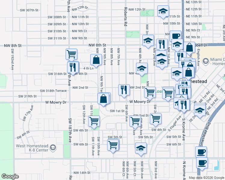 map of restaurants, bars, coffee shops, grocery stores, and more near 138 Northwest 7th Avenue in Homestead