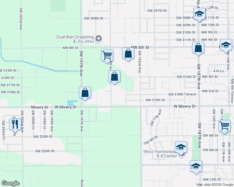 map of restaurants, bars, coffee shops, grocery stores, and more near 31801 Southwest 194th Avenue in Homestead