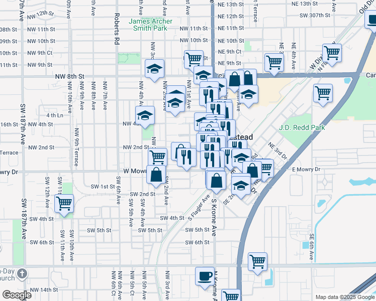 map of restaurants, bars, coffee shops, grocery stores, and more near 108 Northwest 2nd Street in Homestead