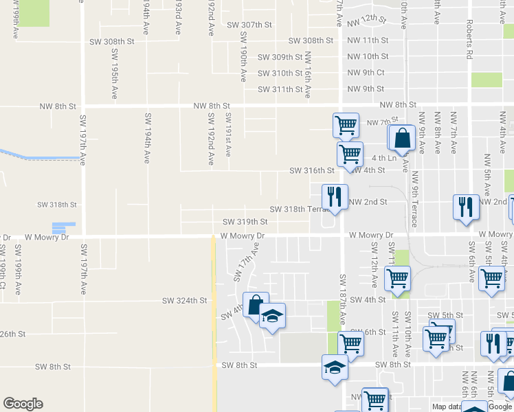 map of restaurants, bars, coffee shops, grocery stores, and more near 18961 Southwest 318th Terrace in Homestead