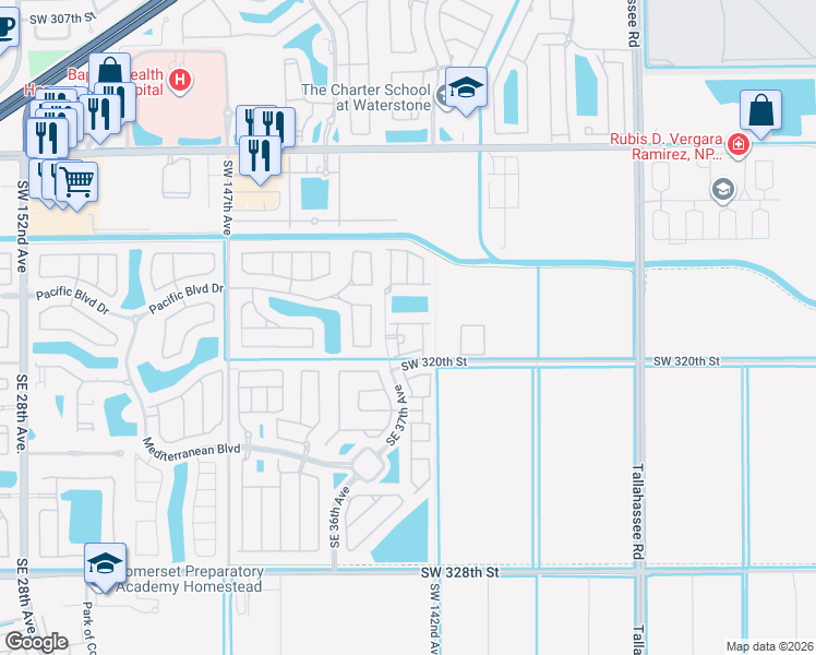 map of restaurants, bars, coffee shops, grocery stores, and more near 190 Northeast 37th Road in Homestead