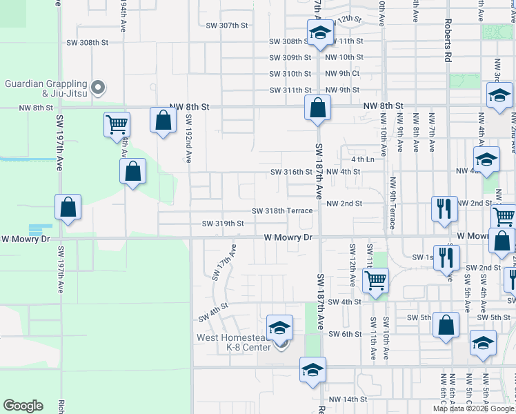 map of restaurants, bars, coffee shops, grocery stores, and more near 18891 Southwest 318th Terrace in Homestead