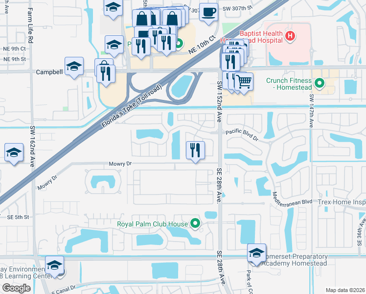 map of restaurants, bars, coffee shops, grocery stores, and more near 139 Northeast 26th Avenue in Homestead