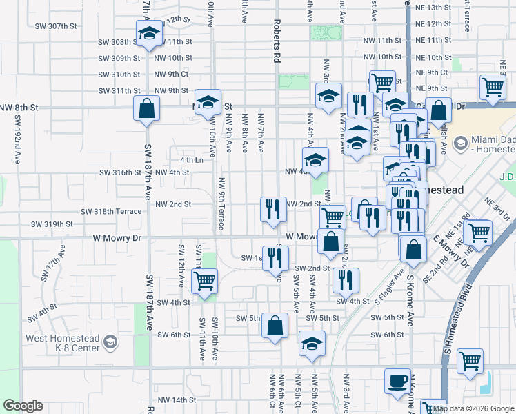 map of restaurants, bars, coffee shops, grocery stores, and more near 138 Northwest 7th Avenue in Homestead
