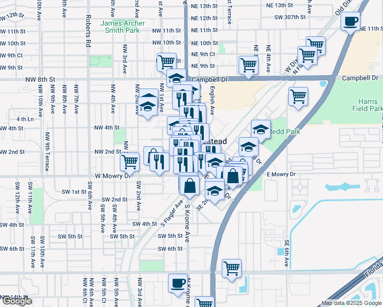 map of restaurants, bars, coffee shops, grocery stores, and more near 140 Washington Avenue in Homestead
