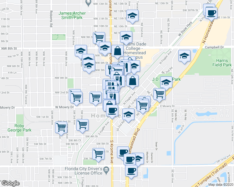 map of restaurants, bars, coffee shops, grocery stores, and more near 140 Washington Ave in Homestead