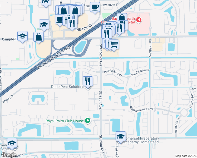 map of restaurants, bars, coffee shops, grocery stores, and more near 153 Northeast 28th Terrace in Homestead