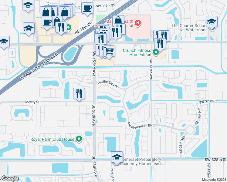 map of restaurants, bars, coffee shops, grocery stores, and more near 2961 Northeast 2nd Drive in Homestead