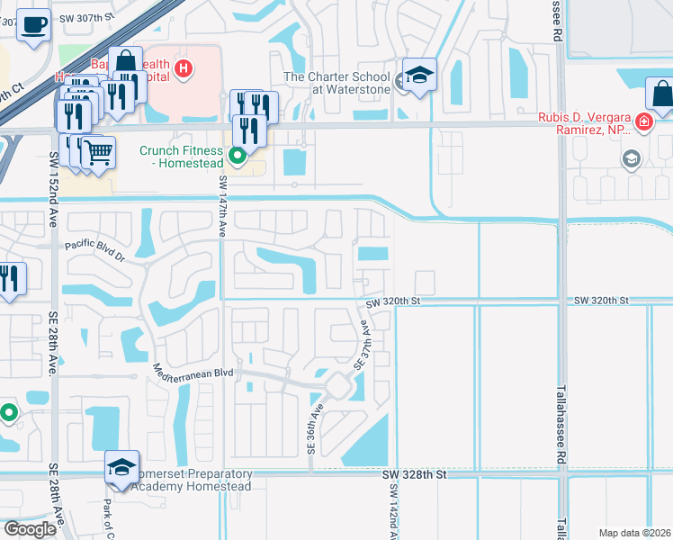 map of restaurants, bars, coffee shops, grocery stores, and more near 201 Northeast 36th Terrace in Homestead