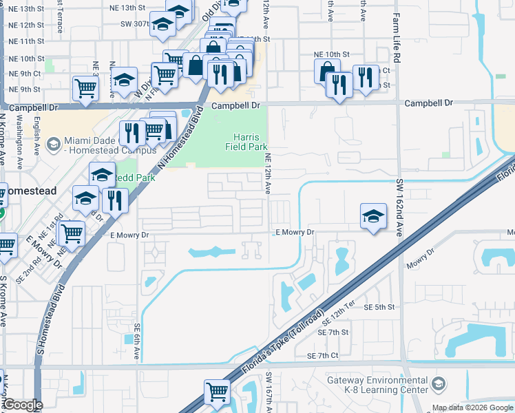 map of restaurants, bars, coffee shops, grocery stores, and more near 220 Northeast 12th Avenue in Homestead