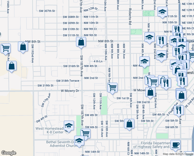 map of restaurants, bars, coffee shops, grocery stores, and more near 1225 Northwest 2nd Street in Homestead