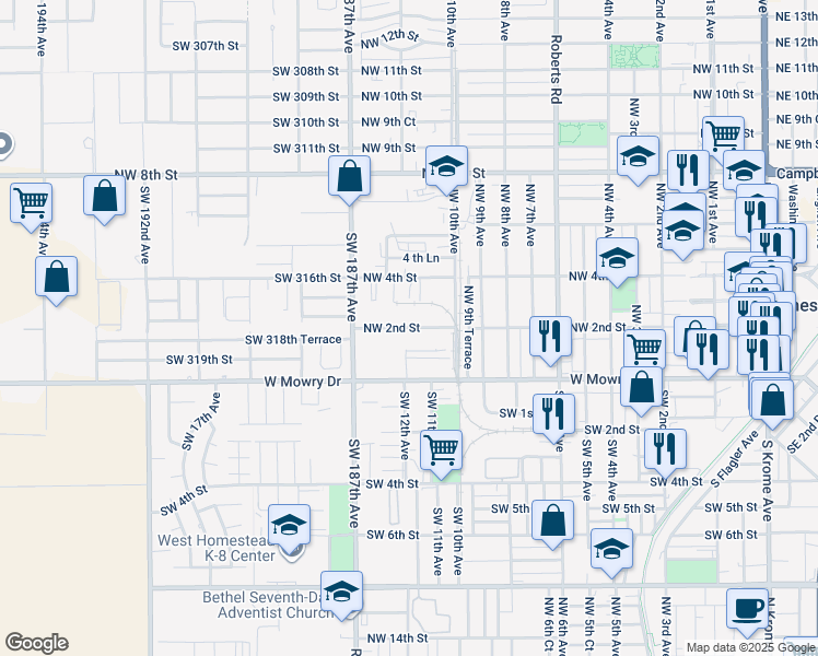 map of restaurants, bars, coffee shops, grocery stores, and more near 1225 Northwest 2nd Street in Homestead