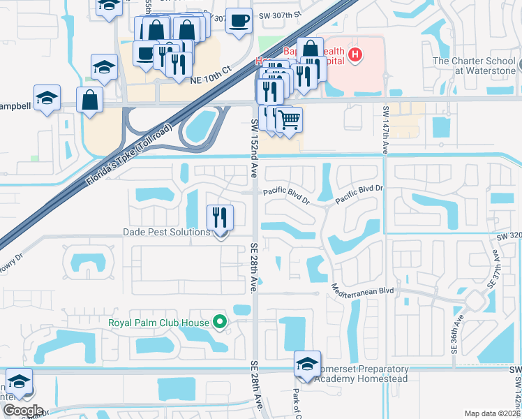 map of restaurants, bars, coffee shops, grocery stores, and more near 153 Northeast 28th Terrace in Homestead