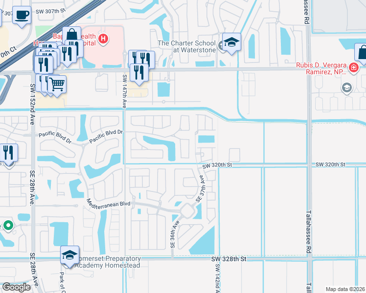 map of restaurants, bars, coffee shops, grocery stores, and more near 201 Northeast 36th Terrace in Homestead