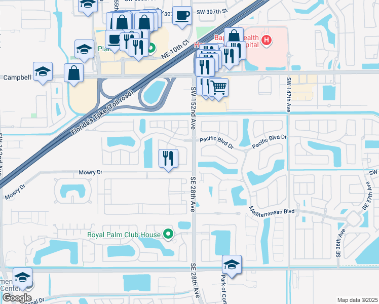 map of restaurants, bars, coffee shops, grocery stores, and more near 153 Northeast 28th Terrace in Homestead