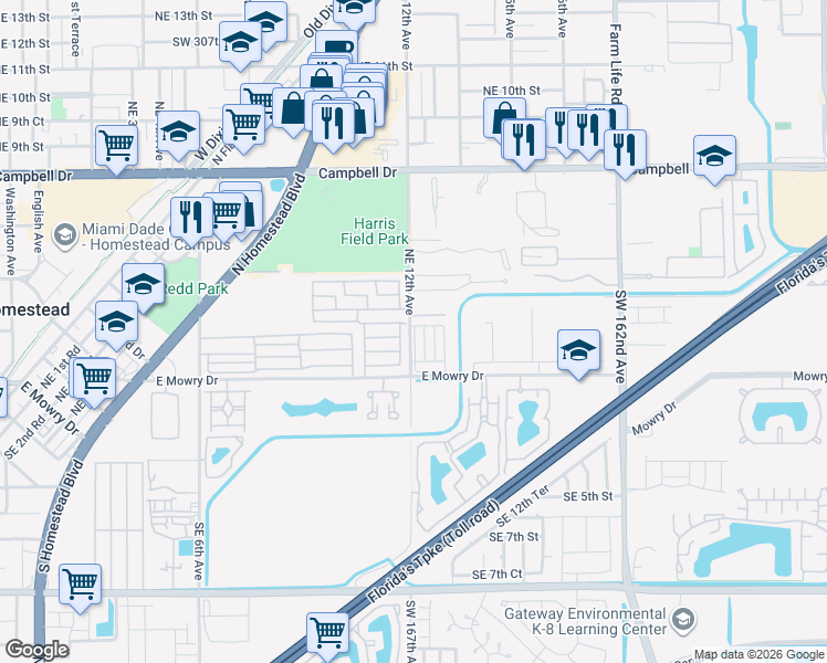 map of restaurants, bars, coffee shops, grocery stores, and more near 99 Northeast 12th Avenue in Homestead