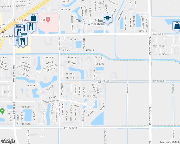 map of restaurants, bars, coffee shops, grocery stores, and more near 201 Northeast 36th Terrace in Homestead