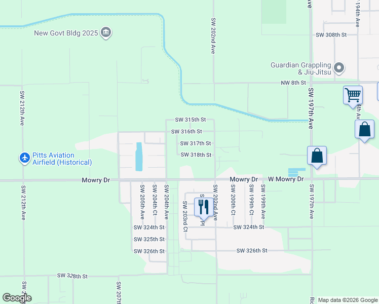 map of restaurants, bars, coffee shops, grocery stores, and more near 20301 Southwest 318th Street in Homestead