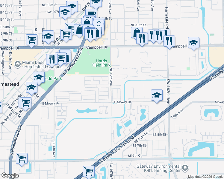 map of restaurants, bars, coffee shops, grocery stores, and more near 99 Northeast 12th Avenue in Homestead